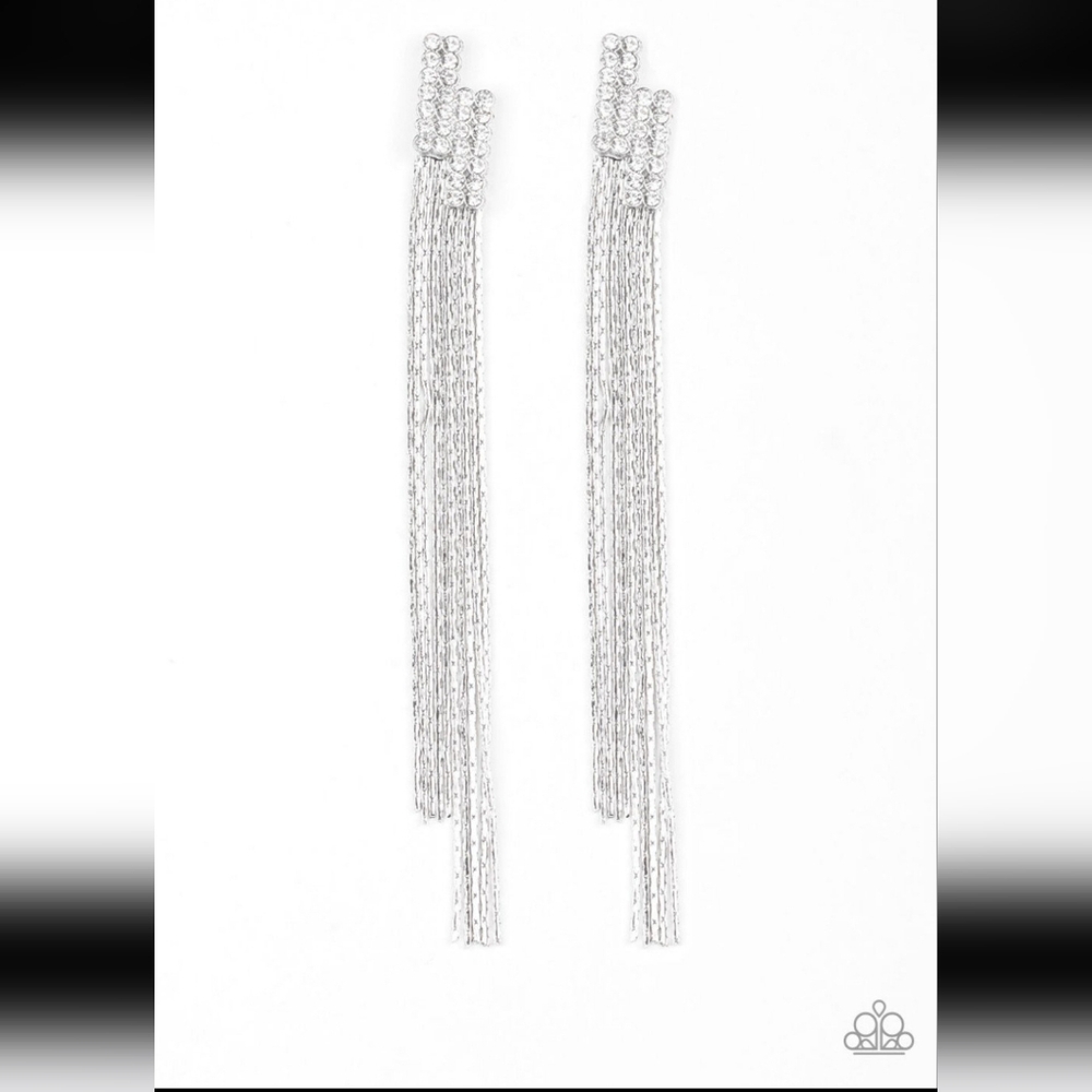 Radio Waves White Post Earrings Long Paparazzi Shimmering Silver Tassel Earrings